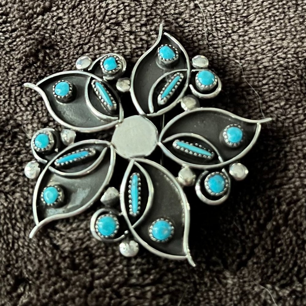 Zuni Flower Pin (or Pendant) with turquoise set in sterling silver - never worn